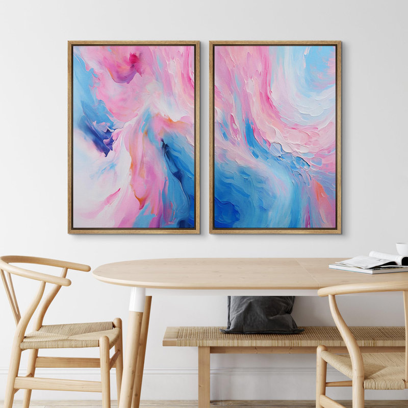 «Serene Pink and Blue Swirls Calming Abstract», 2 pièces sur toile, Encadré naturel, H 24 po x l 16 po
