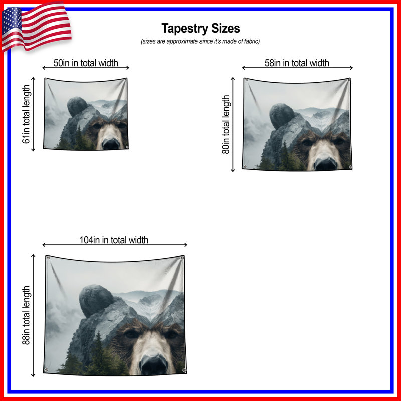 Tapisserie murale «Bear Mountain Illusion» - Décoration murale ours, 50in H x60in W with 4 Grommets