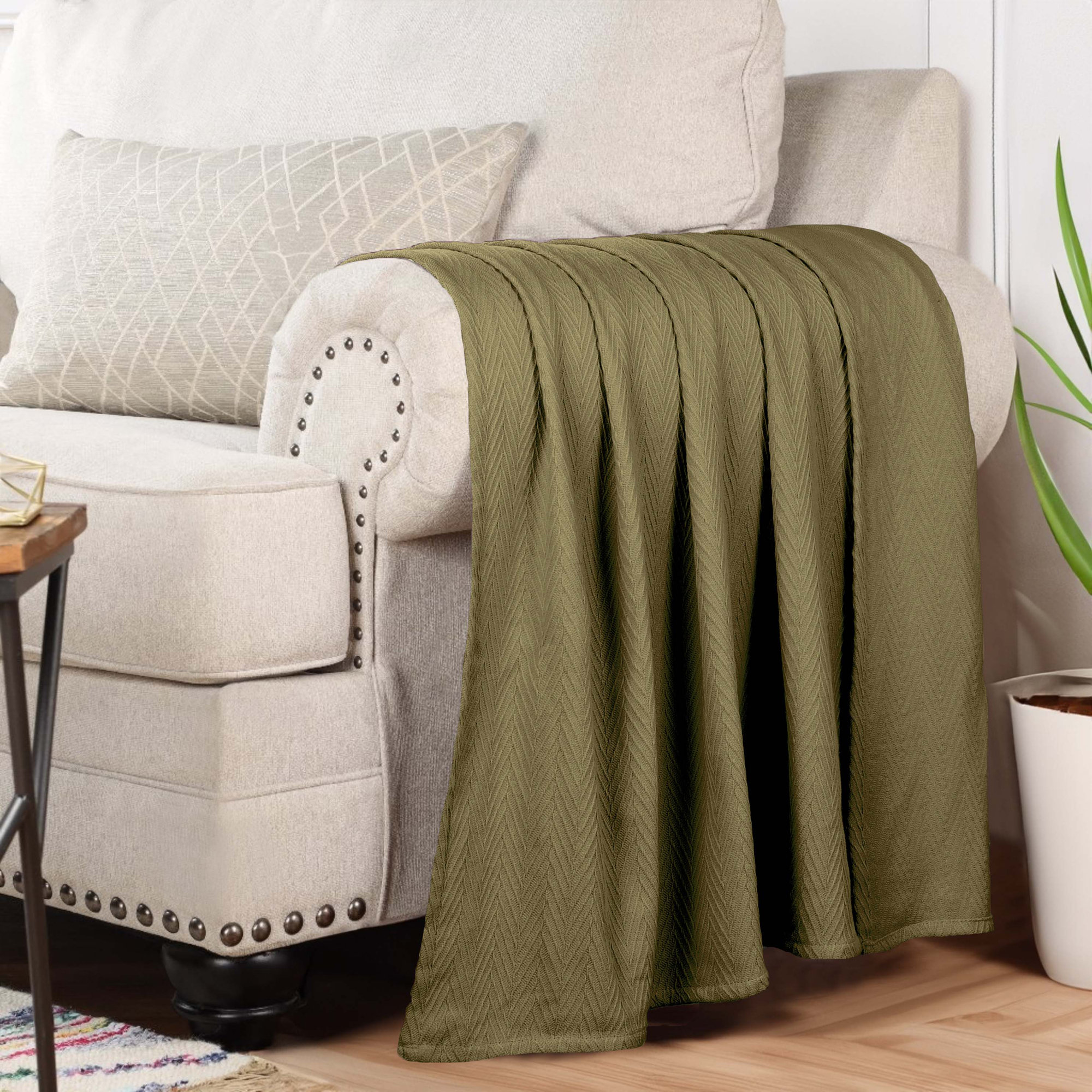Jareth Woven Metro Zig-Zag All-Season Cotton Blanket, Sage, Full/Queen