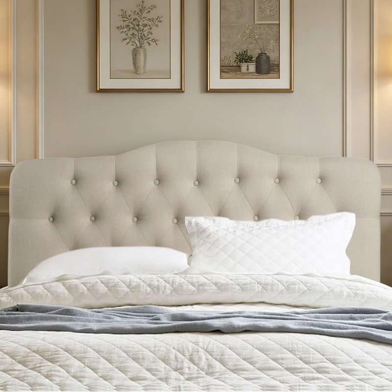 Tête de lit tapissier en lin à hauteur réglable, Beige, Grand lit