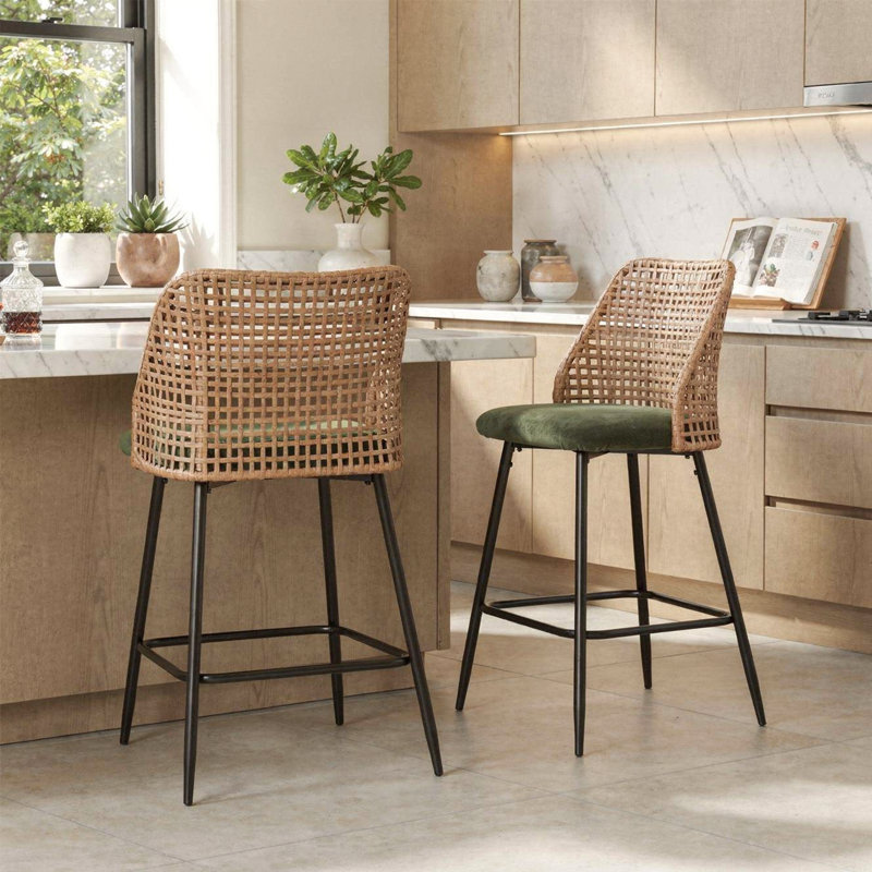 Upholstered Green Rattan Full Back Counter Swivel Bar Stool, Green