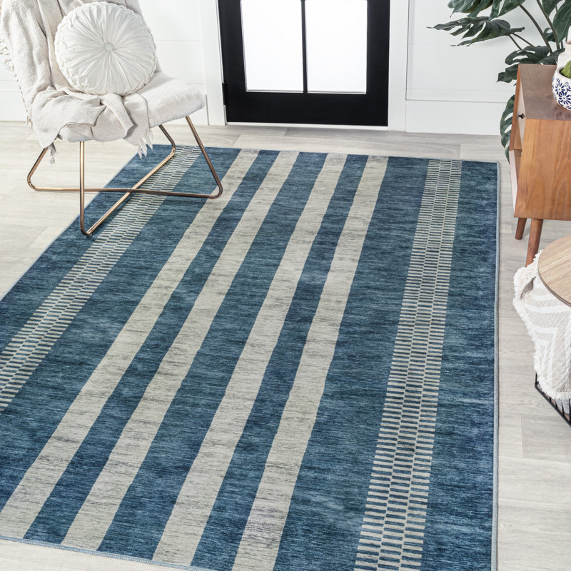 Ventress Geometric Striped Machine-Washable Blue/Cream Rug, Rectangle 8'10" x 12'