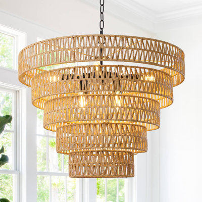 Caytlen 8-Light Dimmable Hand-Woven Rattan Tiered Chandelier