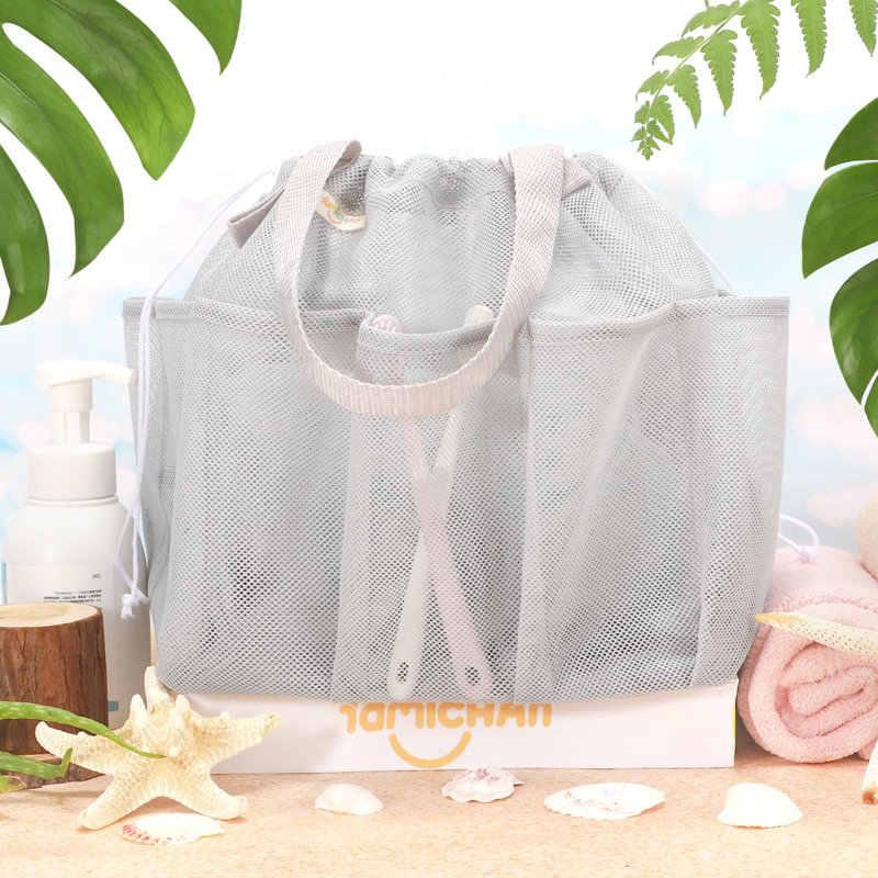 Mesh Shower Caddy Portable With Drawstring, Dorm Room Essentials For College Students, Grey Shower Bag For Camping,Swimming,Gym,Travel,Bathroom