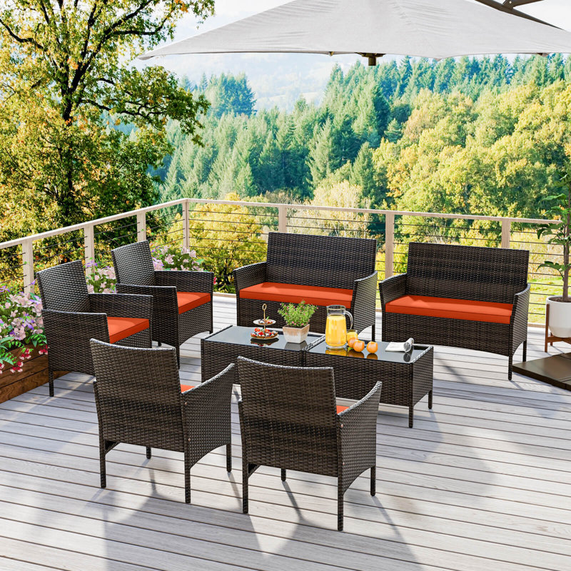 Ensemble de 8 meubles de patio avec coussins lavables et table basse en verre trempé, Orange