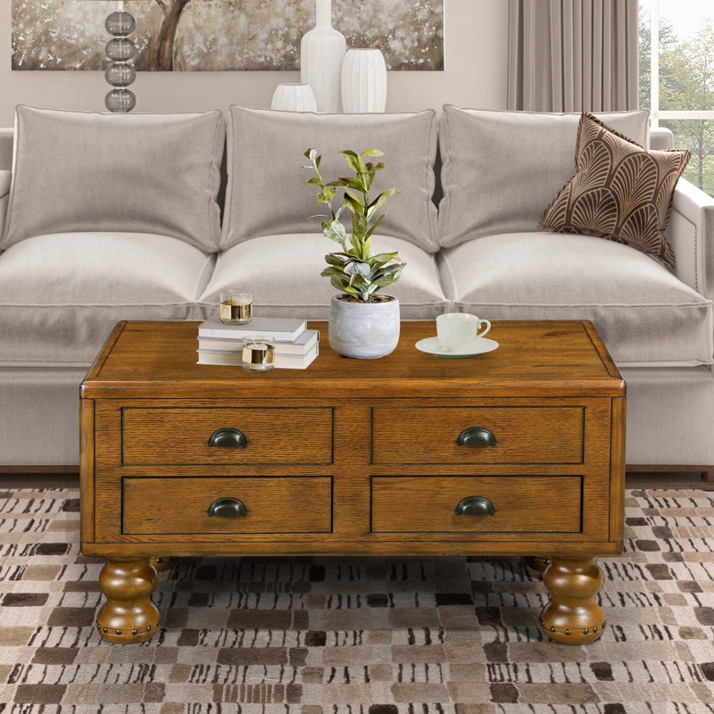 Table basse rectangulaire en bois massif pour le salon, table basse antique de 40 pouces avec 4 tiroirs, Brun antique