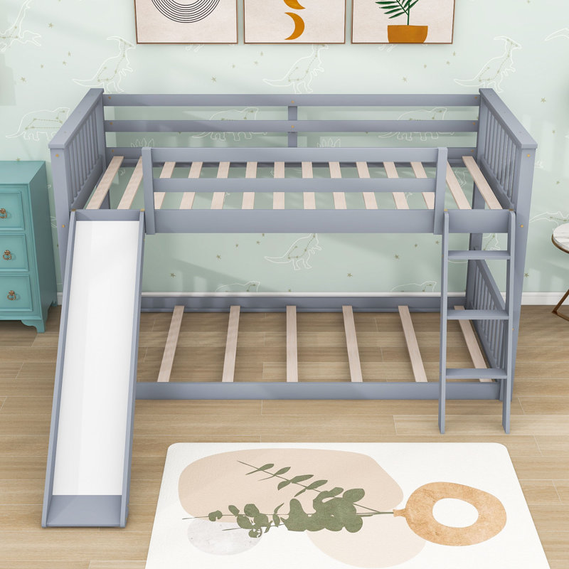 Twin Over Twin Wooden Bunk Bed With Reversible Ladder And Slide, Full-Length Guardrails, Gray