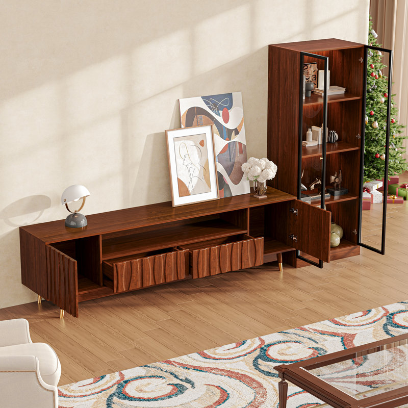 102.3''W Walnut Finish Entertainment Center with Bookshelves for TVs up to 75", Mid Century Modern Wood Media Console Include TV Stand with Storage and 4-Tier Display Case with Glass Doors for Living Room, Brown