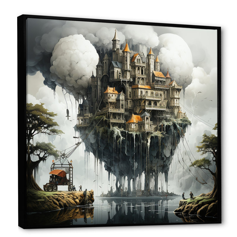 Surréalisme, château mystique - impression, Cadre flottant noir, H 16 po x l 16 po x P 1 po