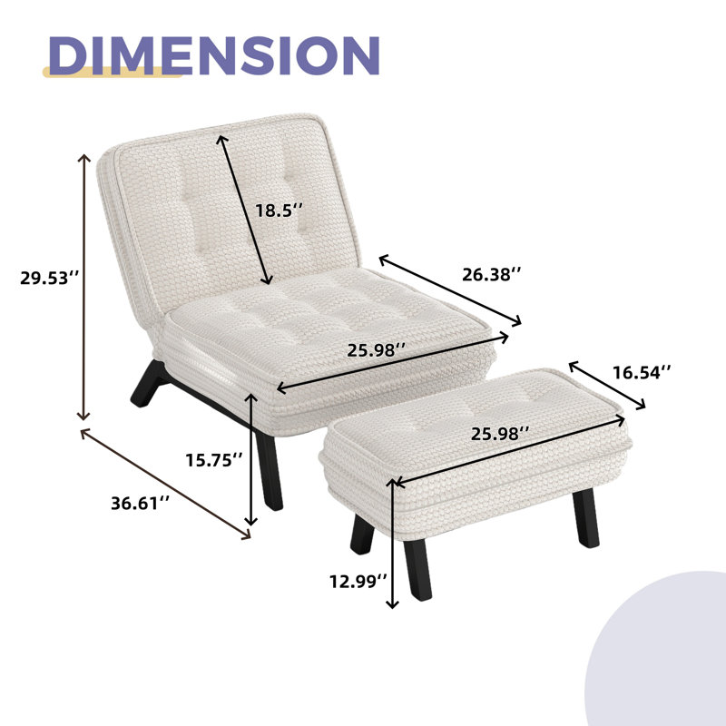  25.98'' Wide Modern Soft Upholstered Accent Chair With Adjustable Backrest And Ottoman (Set of 2), 2, Beige