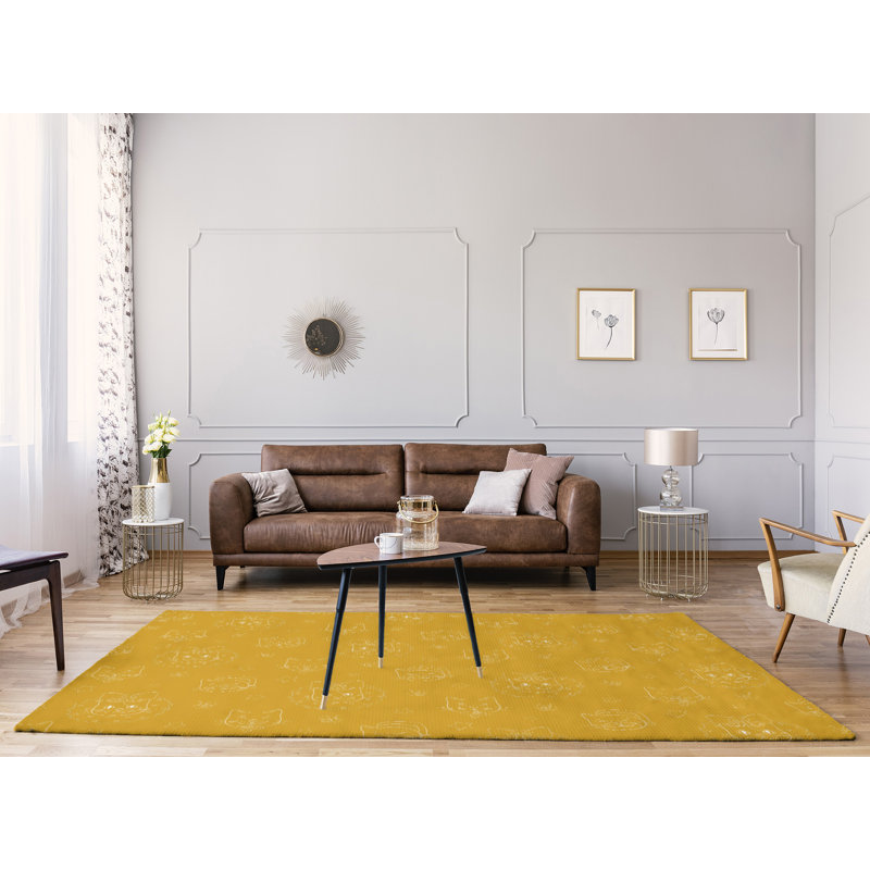 Tapis jaune fait main, Rectangle 9 pi x 12 pi