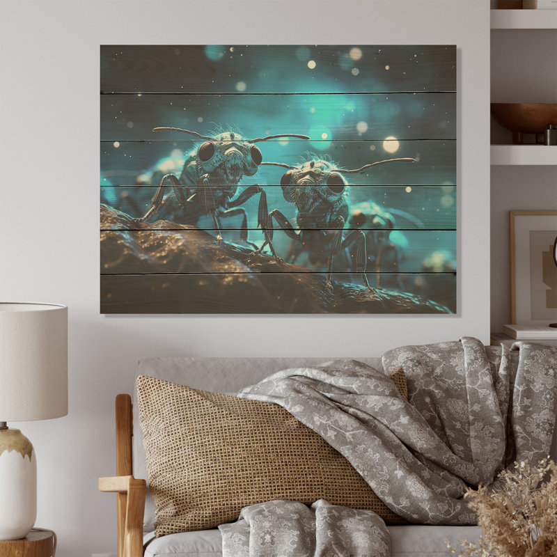 Art mural sur bois de pin naturel, fourmis lunaires, H 24 po x l 32 po