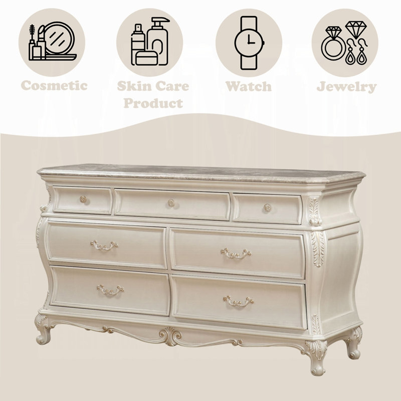 Commode Chantelle avec plateau en marbre, Crème