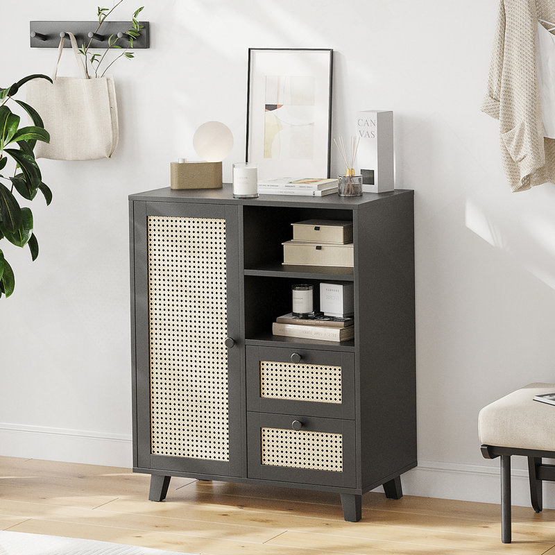 Buffet en rotin avec tablette réglable, buffet avec tiroirs pour le salon, la cuisine, le vestibule, Noir