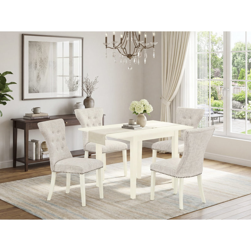 Ensemble de table de salle à manger rectangulaire en bois massif avec plateau Dropleaf, Lin blanc, Daim