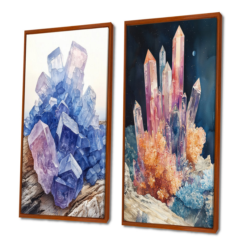 Cristaux et rose et bleu à la lune I - Collection d'art sur toile 2 panneaux, H 32 po x l 33 po, Cadre flottant brun