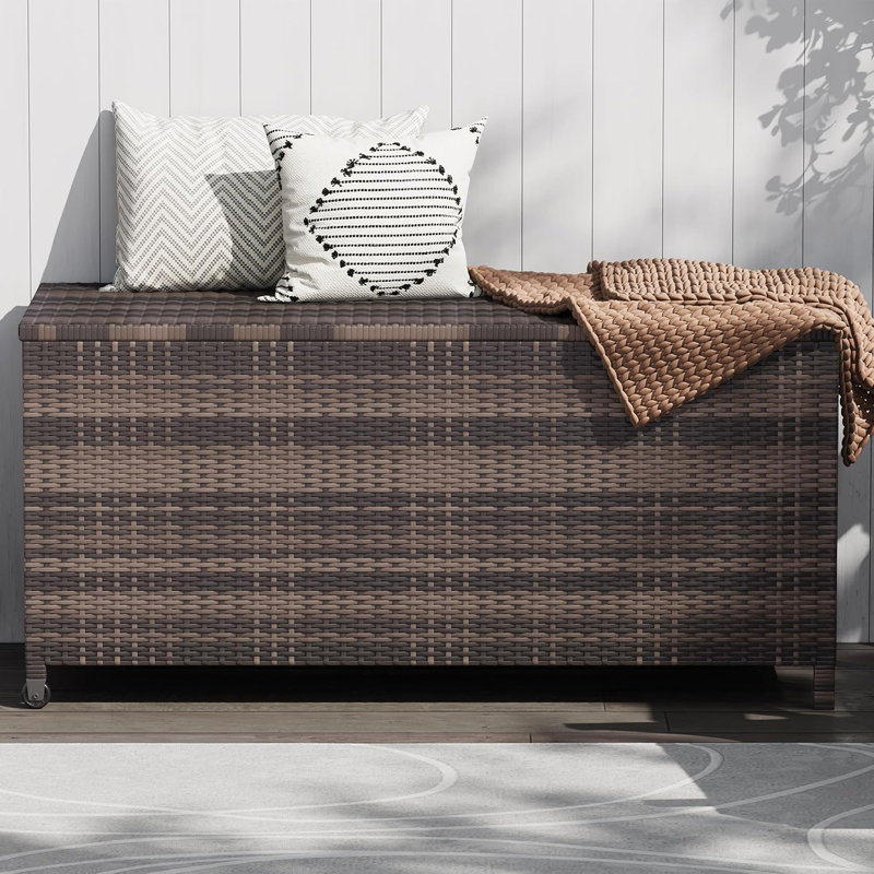 Boîte de rangement pour l'extérieur 125 gallons avec roues, bac de rangement en rotin PE imperméable et cadre en aluminium, coffre de mobilier de patio verrouillable, brun