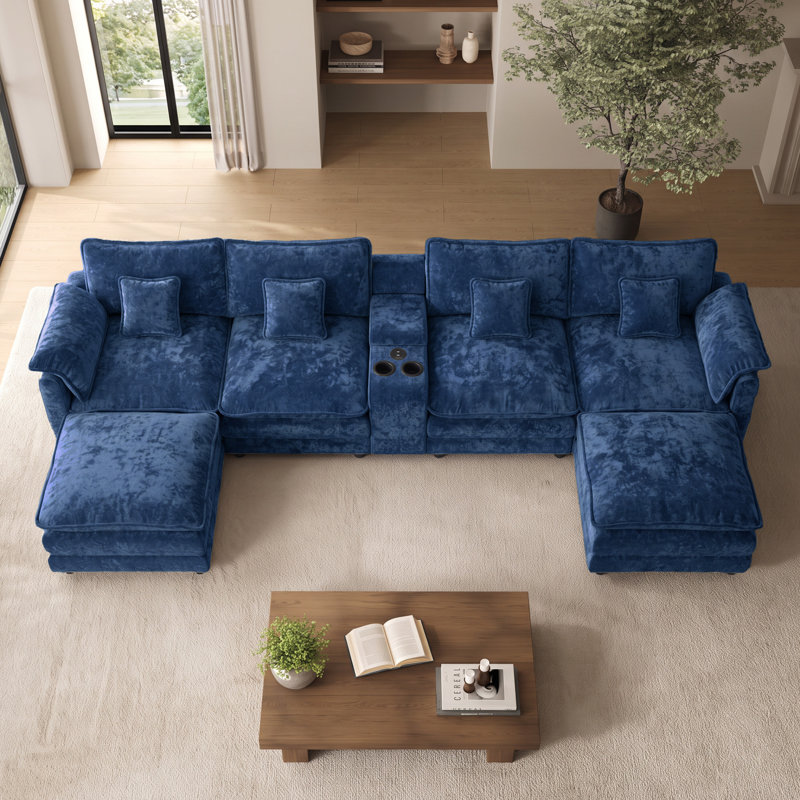 Canapé modulaire en U surdimensionné en chenille avec double console USB et repose-pieds, Dark Blue Chenille