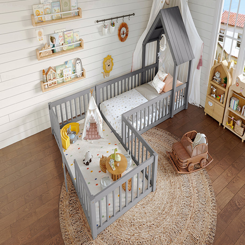 Lit simple, plancher de maison, plancher double avec porte et garde-corps pleine longueur, multifonction, gris, Lit simple