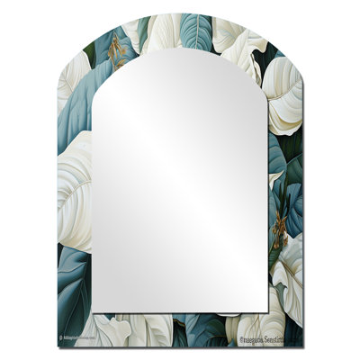 White Leaves Charm Liquid Art - Leaves Arch Wall Mirror, White Asymmetrical Decorative Mirror, Printed Metal Art