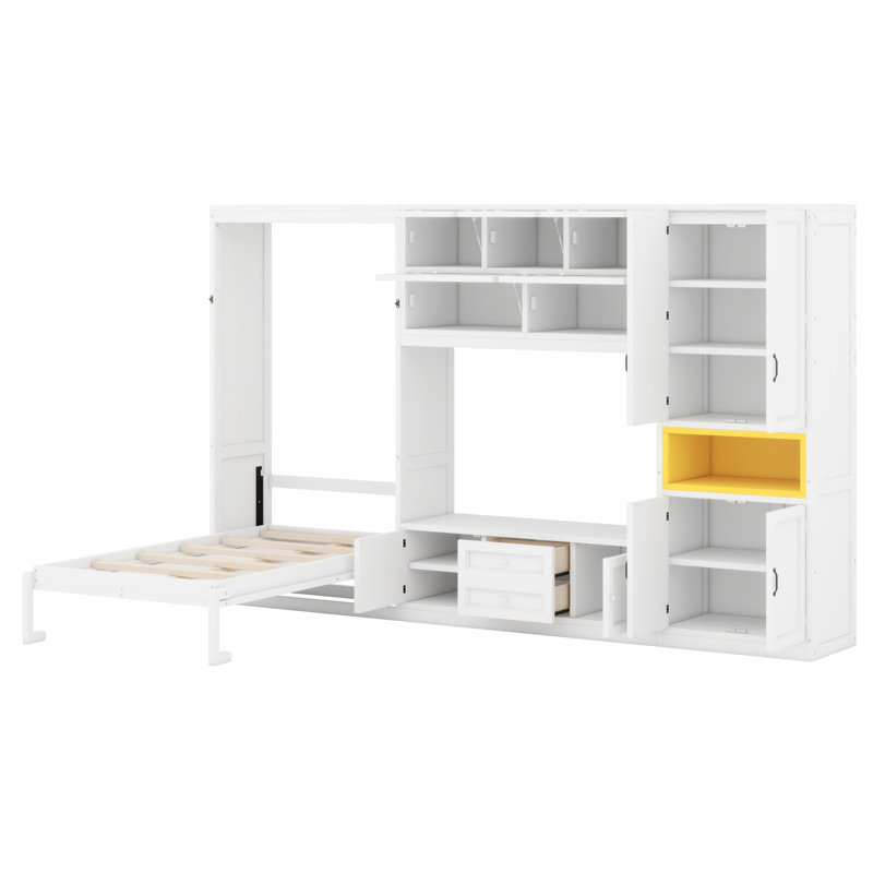 Lit escamotable moderne en bois avec armoires de rangement, tiroirs, tablettes et meuble télé, White