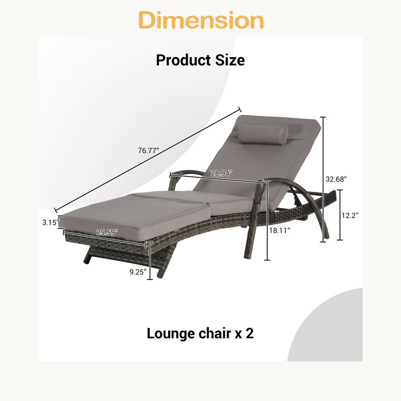 Outdoor Wicker Long Reclining Chair Set Of 2 With Cushions, Wicker Reclining Lounge Chair Lawn Sunbathing Chairs Recliner Up To 150° Beach Poolside Garden