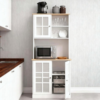 White and Oak Kitchen Pantry Cabinet with Glass Doors and Large Countertop