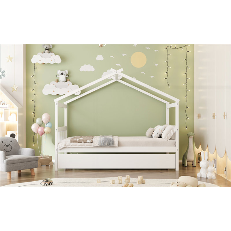 Wooden House Bed with Trundle, White