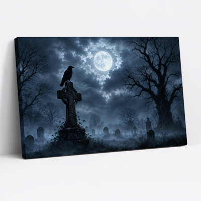 Corbeau perché sur une croix celtique sous la pleine lune, art mural d'Halloween