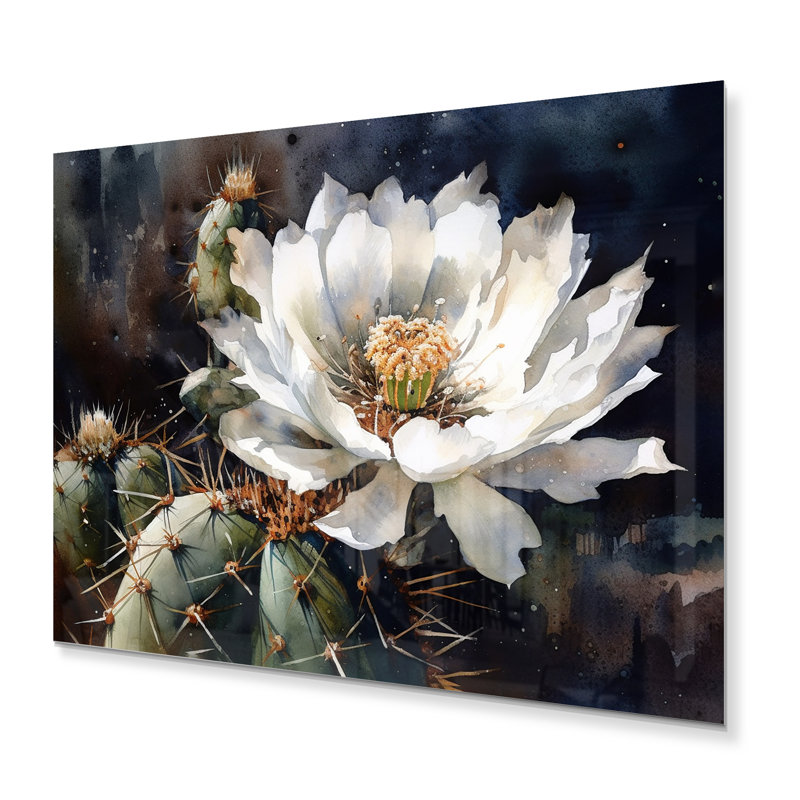 Fleur de cactus blanc et vert IV sur impression métallique, H 12 po x l 20 po x P 1 po