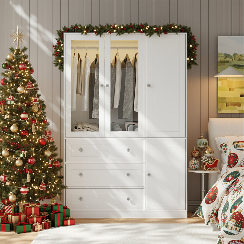 Wardrobe Closet With Drawers And Light, 75" Armoire  With Hanging Rod, 4 Doors Wooden Wardrobe Cabinet For Bedroom, White