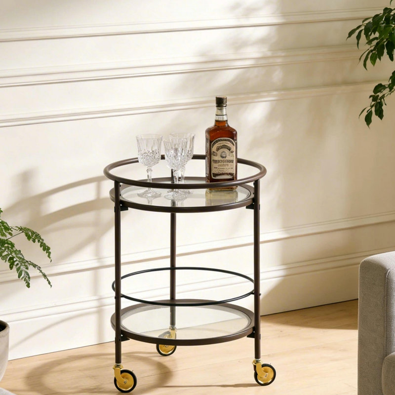 Chariot-bar rond moderne avec tablettes en verre trempé et roulettes verrouillables dorées, Brun