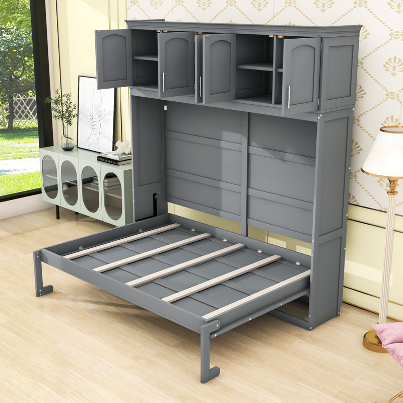Lit escamotable en bois avec armoires supérieures, conception pliable peu encombrante, Double, Blanc
