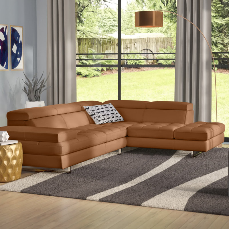 Upholstered Sectional, Right Hand Facing, Caramel Genuine Leather