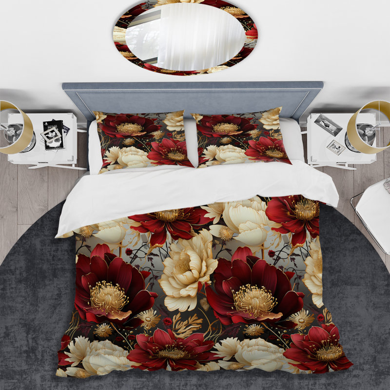 Ensemble de housse de couette floral riche en coquelicots riches beige et rouge I - microfibre de polyester