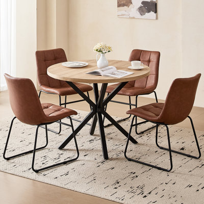 5-Piece Modern Round Dining Set, 39" Natural Wood Pattern Table with 4 Brown Faux Leather Chairs