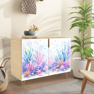 Buffet Buffet avec rangement Aquarelle et fond de mer sous-marin coloré corail poisson bulles de mer avec 2 portes pour le salon et la cuisine