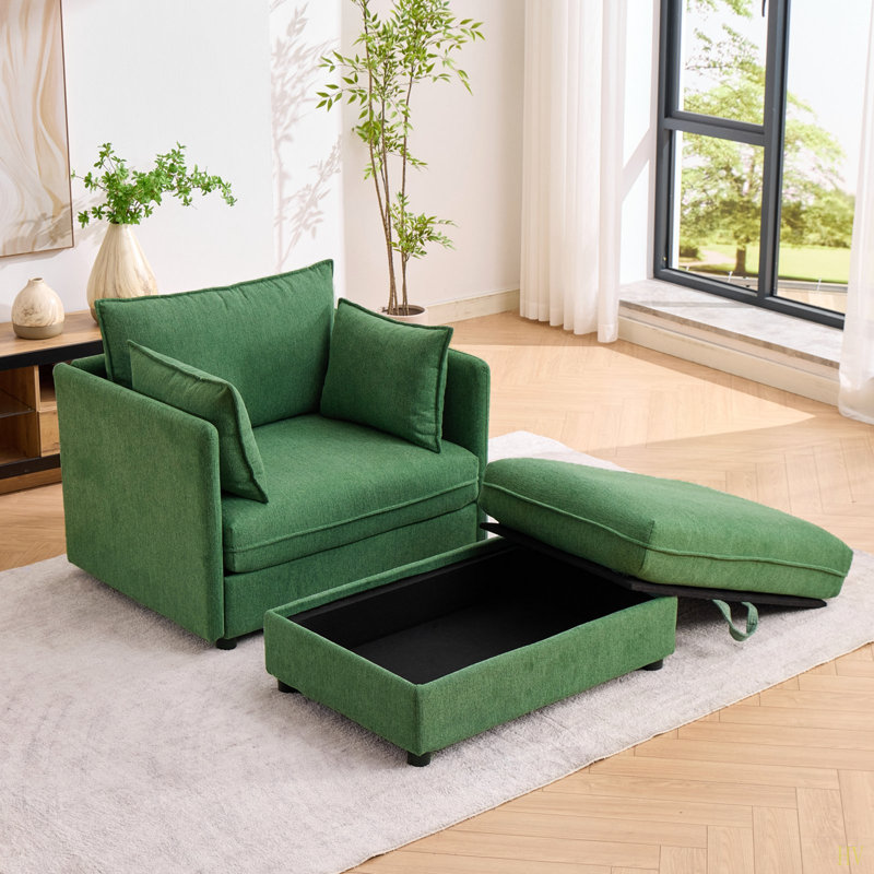 Très grand fauteuil d'appoint en chenille surdimensionné à assise profonde, méridienne rembourrée, repose-pieds avec rangement assorti et trois coussins décoratifs, parfait pour un appartement, une chambre à coucher ou un salon