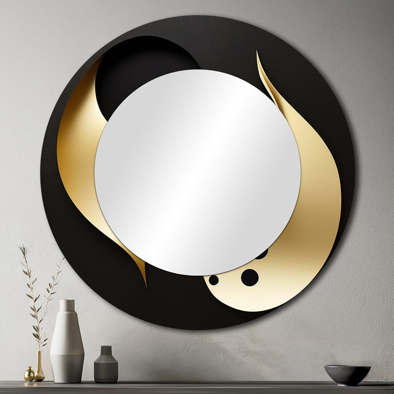 Golden Droplets On Black - Geometric Large Mirror, Black Round Decorative Wall Mirror, Printed Metal Art, 36" x 36"