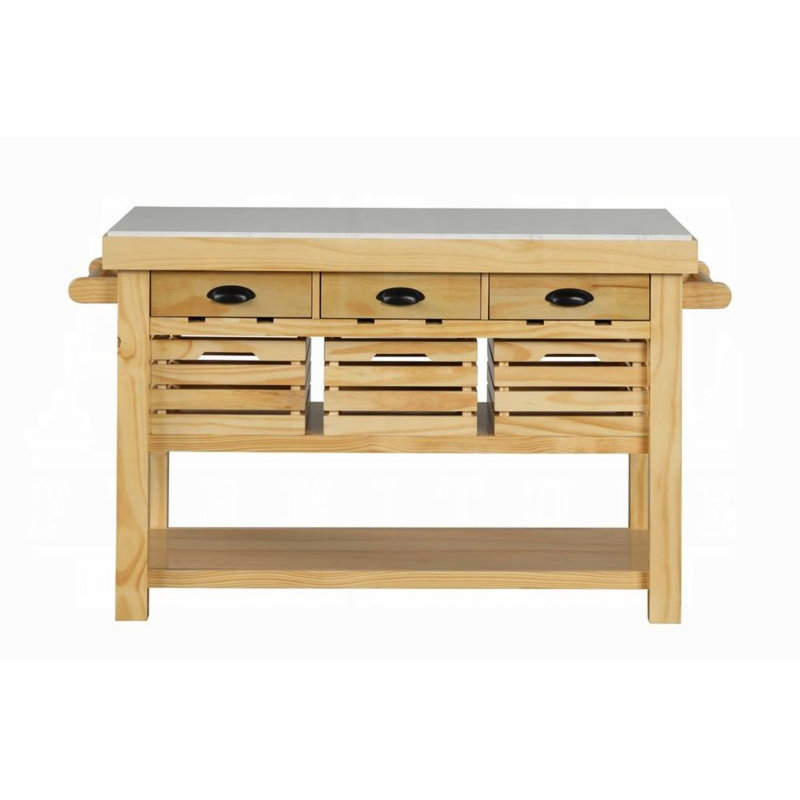Natural Pine Kitchen Island with Marble Top and Storage