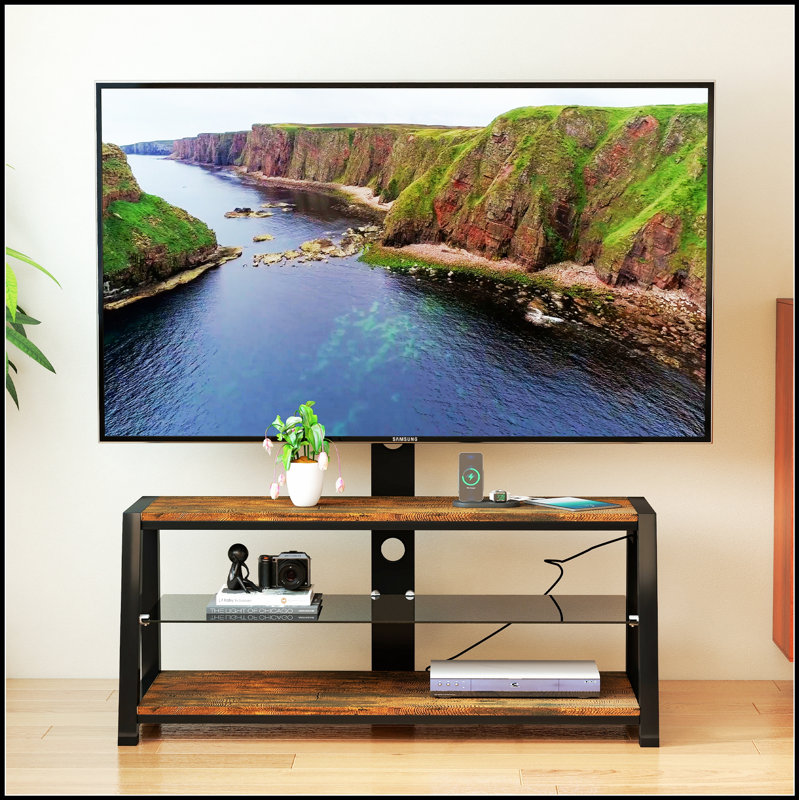 Meuble télé réglable en bois avec verre trempé noir et support pivotant universel pour une expérience visuelle améliorée