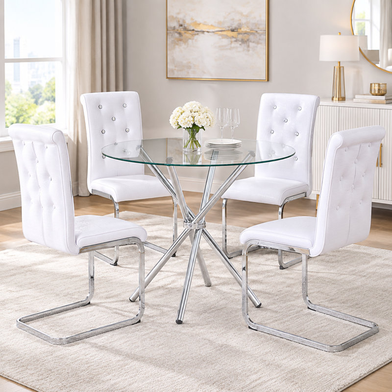 Ensemble de table de salle à manger 5 pièces en verre trempé rond avec chaises en similicuir, Champagne