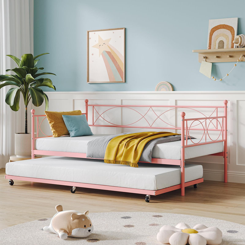 Twin Bed With Pull Out Trundle, Metal Twin Daybed And Trundle Set, Day Bed Sofa Bed Frame With Steel Slat Support, Multifunctional Daybed Frame For Bedroom, Living Room, Guest Room