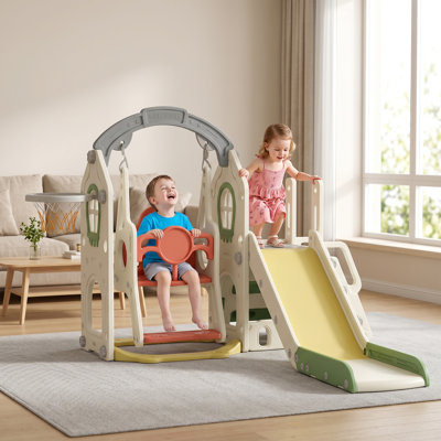 5-in-1 Toddler Slide and Swing Set with Adjustable Swing, Cream