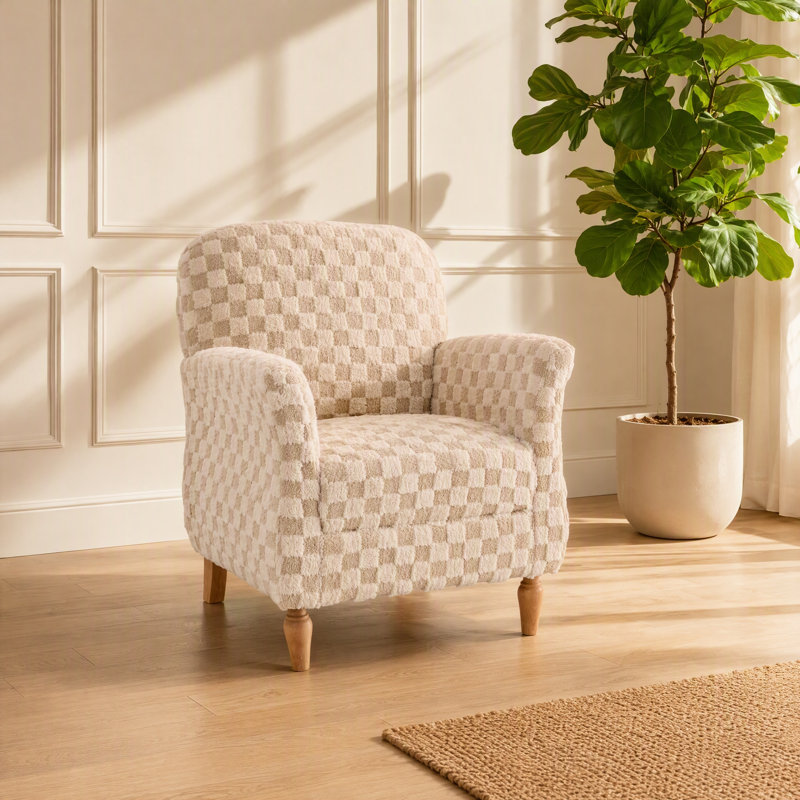Chaise d'appoint rembourrée à carreaux avec pieds en bois massif, Beige