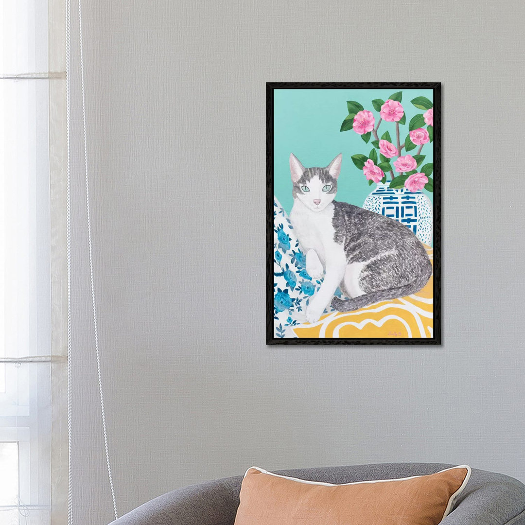 Cat with Cushions and Chinoiserie Vase by Sally B - Graphic Art Print on Canvas