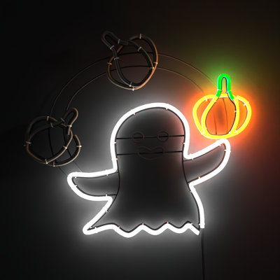 The Holiday Aisle® LED Neon Light Ghost Signs Halloween Decor With Animated Pumpkin Throwing Effect Lighted Display Window Silhouette Holiday Door Porch Wall Decor