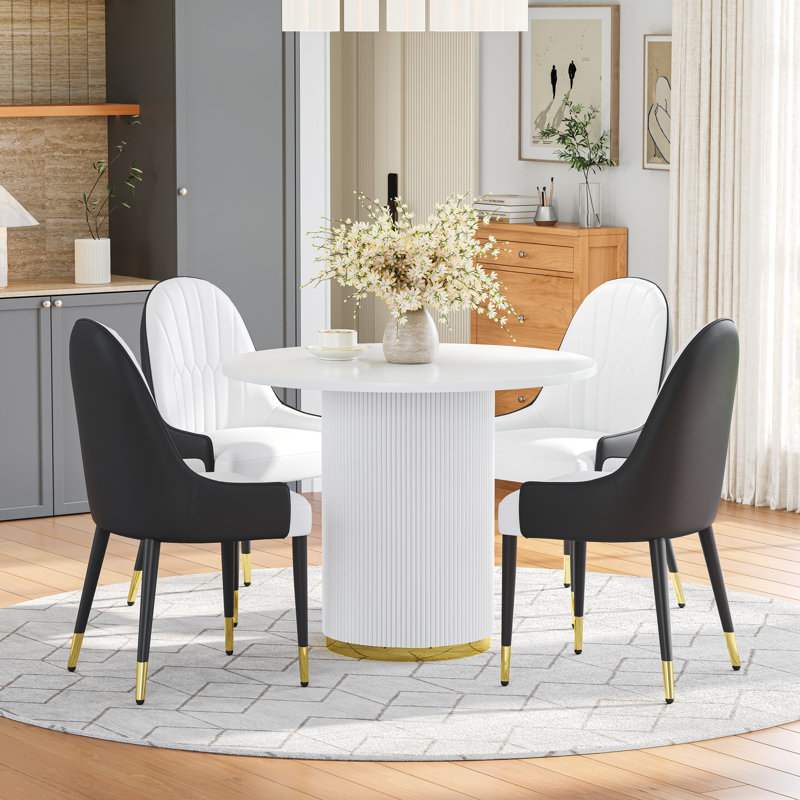 Modern Round Dining Table Set With Upholstered Chairs, Pedestal Base Kitchen Set For 2-4, Space-Saving Breakfast Nook Furniture