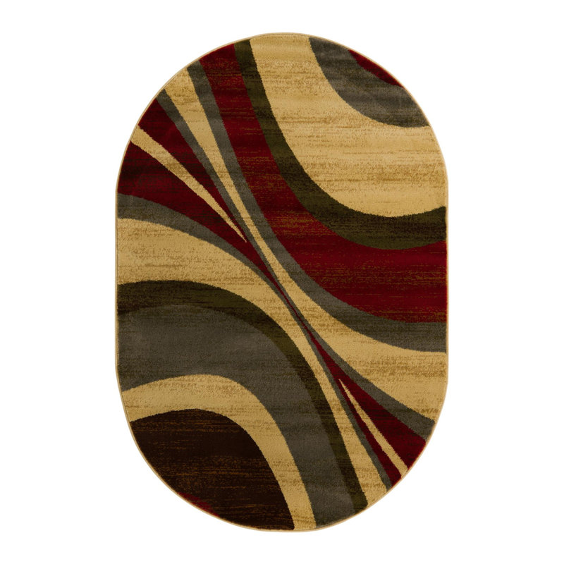 Square Beige and Red Abstract Synthetic Indoor Rug