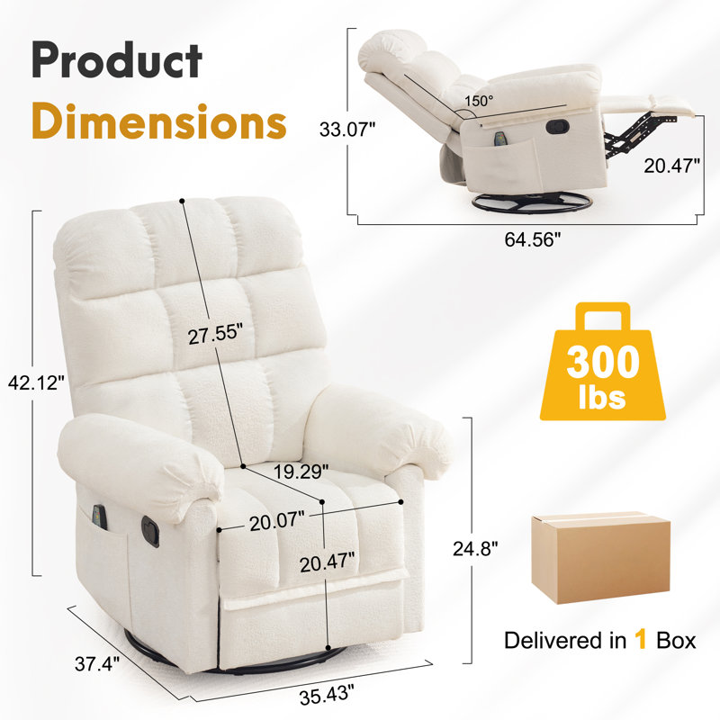 Recliner Chair, 360° Swivel Recliner with Heat & Massage, Chenille Upholstered Manual Recliners with Side Pockets, Beige